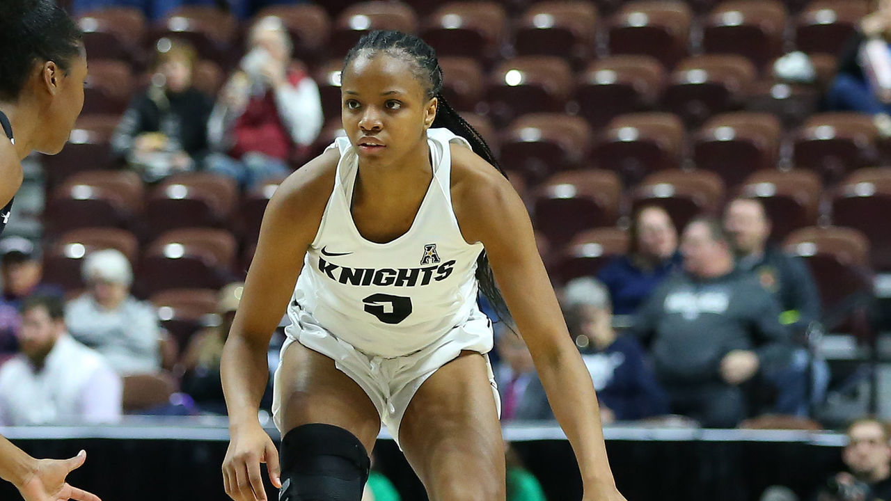 UNCASVILLE, CT - MARCH 07: UCF Knights guard Diamond Battles (3) defended by Wichita State Shockers guard Mariah McCully (2) during the women's American Athletic Conference Tournament game between UCF Knights and Wichita State Shockers on March 7, 2020, at Mohegan Sun Arena in Uncasville, CT.