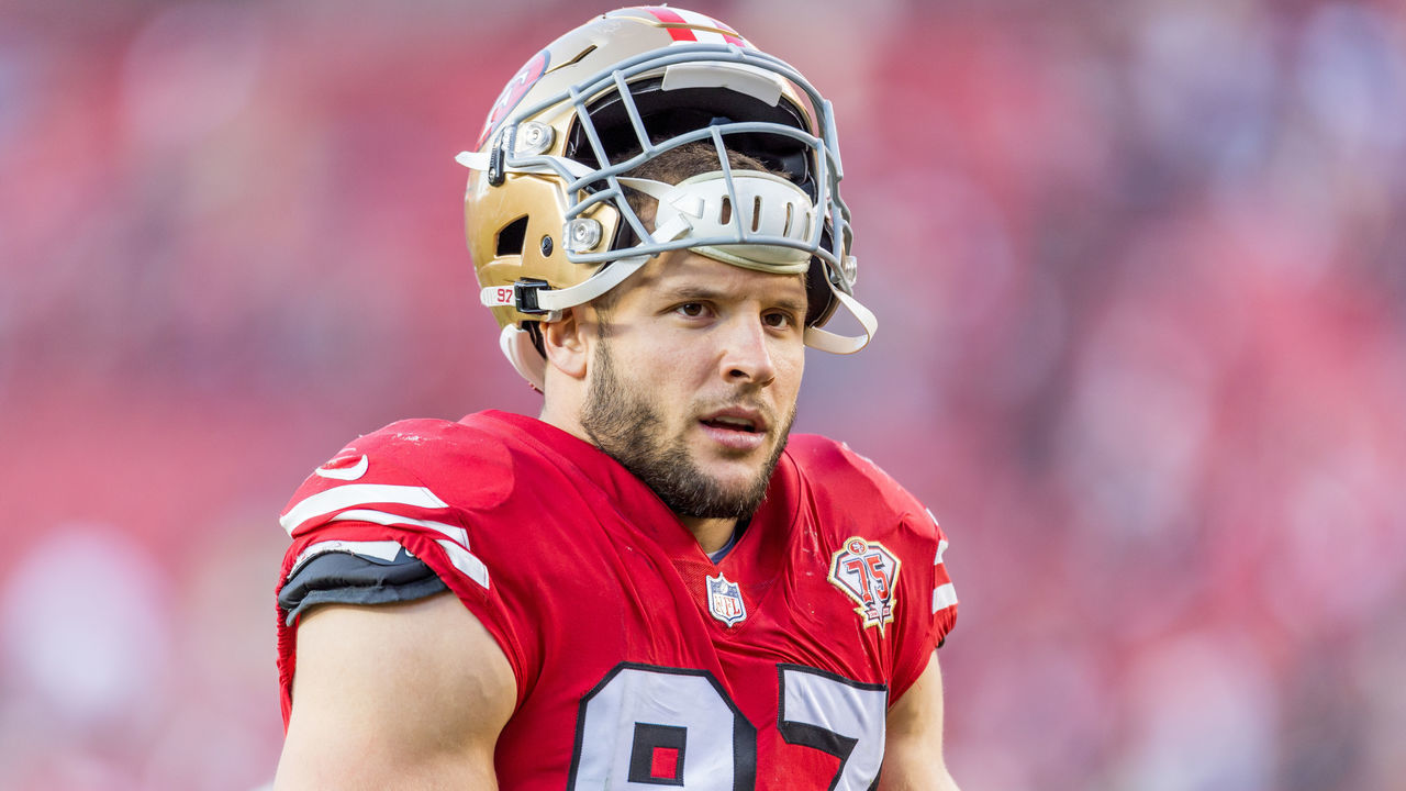 SANTA CLARA, CA - DECEMBER 19: San Francisco 49ers Defensive End Nick Bosa (97) walks off the field after the NFL football game between the Atlanta Falcons and San Francisco 49ers on December 19, 2021 at Levis Stadium in Santa Clara, CA.