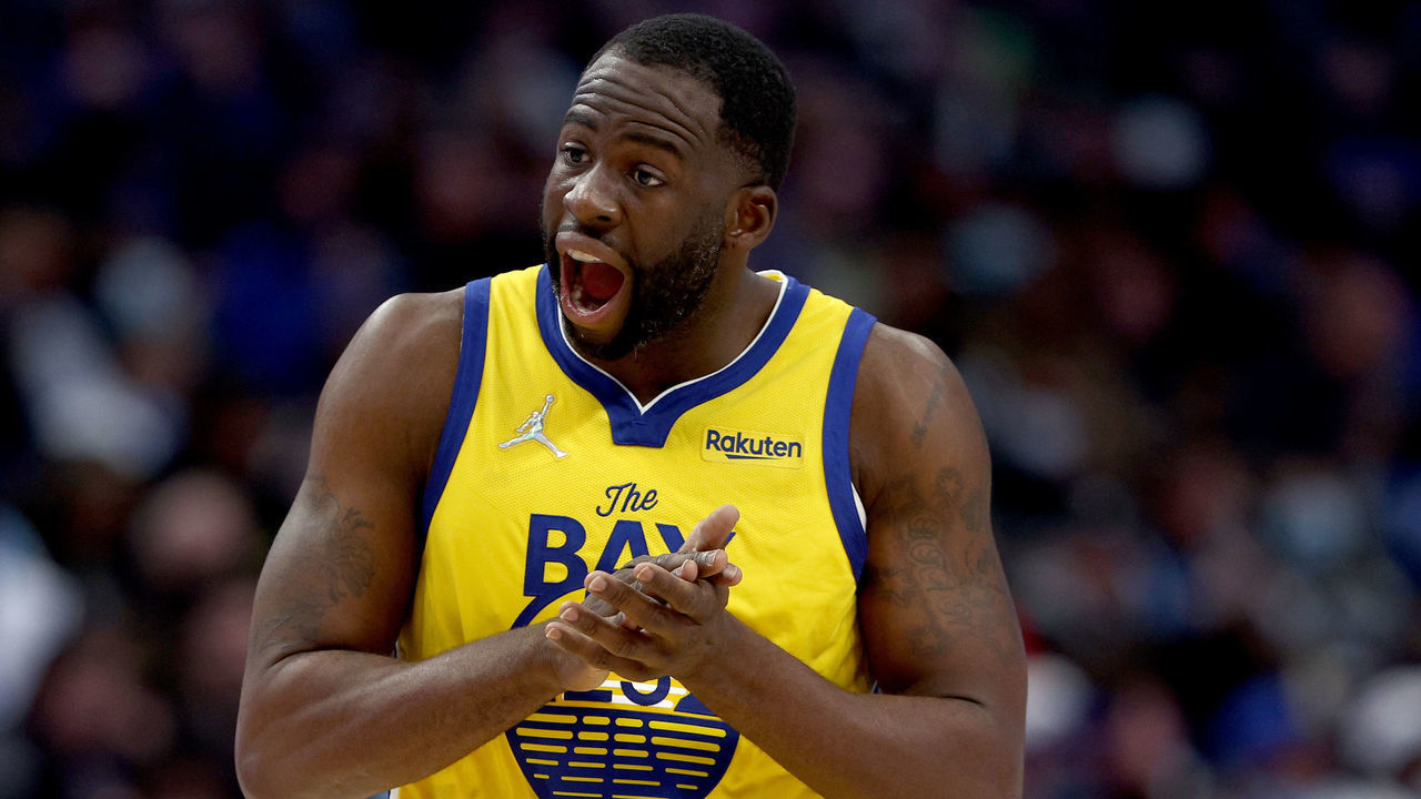 DALLAS, TEXAS - JANUARY 05: Draymond Green #23 of the Golden State Warriors reacts after being fouled by the Dallas Mavericks in the third quarter at American Airlines Center on January 05, 2022 in Dallas, Texas.