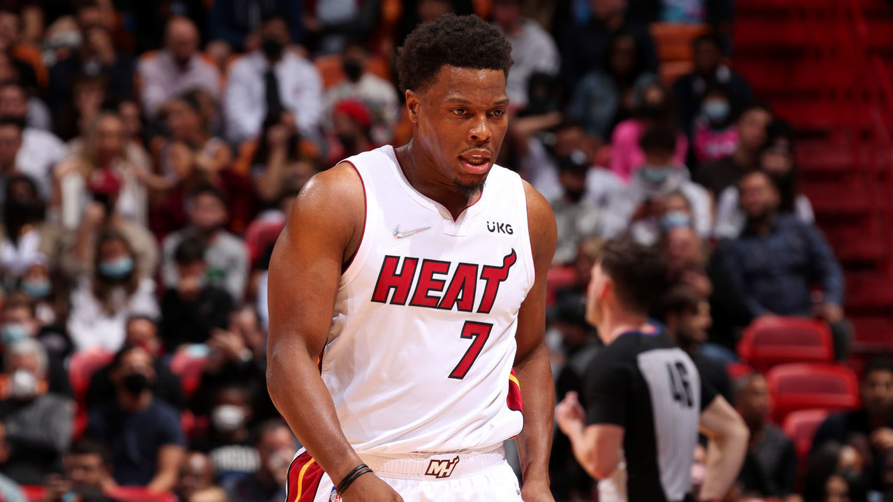 MIAMI, FL - JANUARY 14: Kyle Lowry #7 of the Miami Heat looks on during the game against the Atlanta Hawks on January 14, 2022 at FTX Arena in Miami, Florida. Mandatory Copyright Notice: Copyright 2022 NBAE