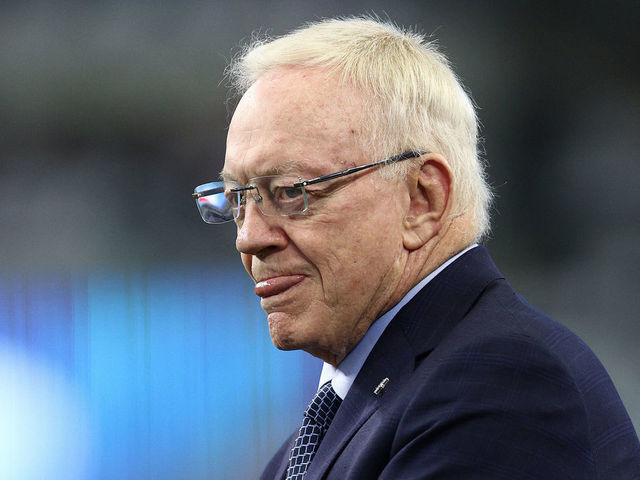 ARLINGTON, TEXAS - JANUARY 02: Owner Jerry Jones of the Dallas Cowboys on the field before the game against the Arizona Cardinals at AT&T Stadium on January 02, 2022 in Arlington, Texas.