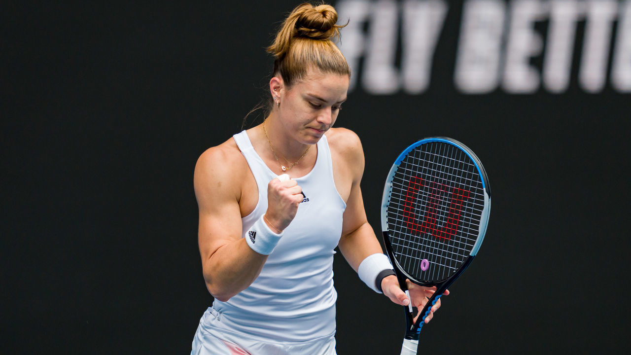 MELBOURNE, AUSTRALIA - JANUARY 17: Maria Sakkari of Greece celebrates winning a point in her first round singles match against Tatjana Maria of Germany during day one of the 2022 Australian Open at Melbourne Park on January 17, 2022 in Melbourne, Australia.