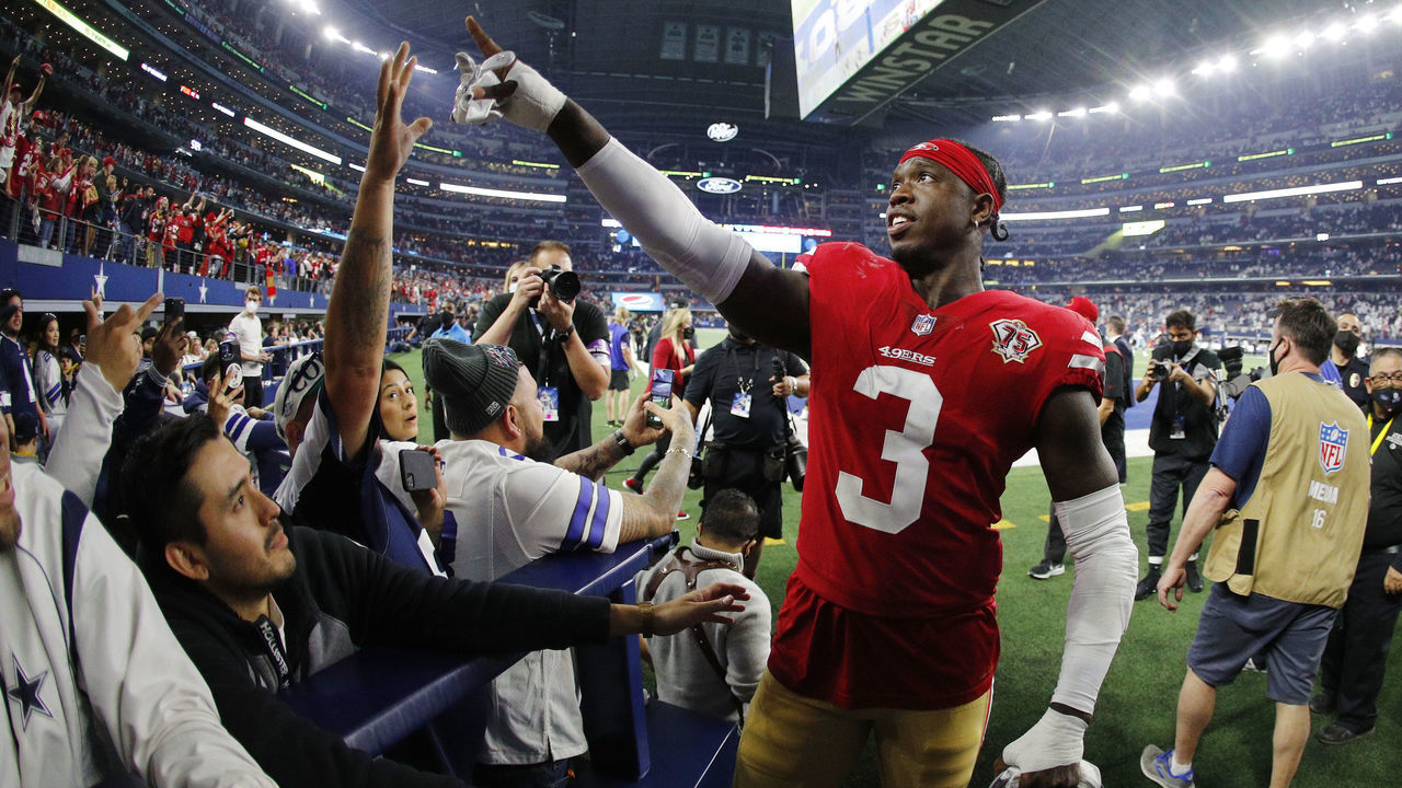ARLINGTON, TEXAS - JANUARY 16: Jaquiski Tartt #3 of the San Francisco 49ers walks off the field after defeating the Dallas Cowboys 23-17 in the NFC Wild Card Playoff game at AT&T Stadium on January 16, 2022 in Arlington, Texas.
