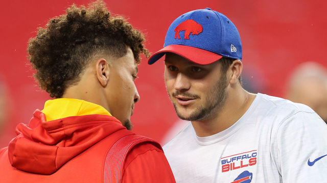 KANSAS CITY, MO - OCTOBER 10: Buffalo Bills quarterback Josh Allen (17) and Kansas City Chiefs quarterback Patrick Mahomes (15) hug before an NFL football game between the Buffalo Bills and Kansas City Chiefs on Oct 10, 2021 at GEHA Filed at Arrowhead Stadium in Kansas City, MO.