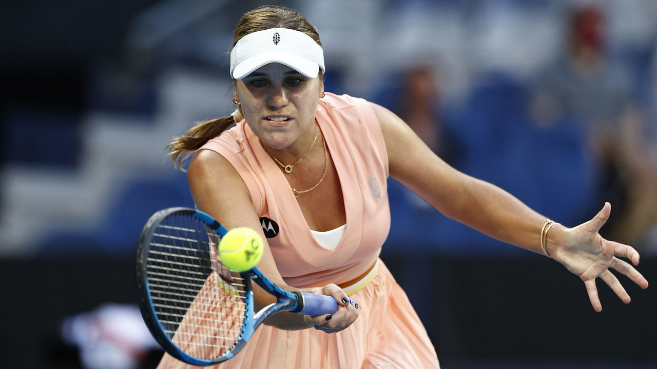 MELBOURNE, AUSTRALIA - JANUARY 17: Sofia Kenin of United States plays a forehand in her first round singles match against Madison Keys of United States during day one of the 2022 Australian Open at Melbourne Park on January 17, 2022 in Melbourne, Australia.