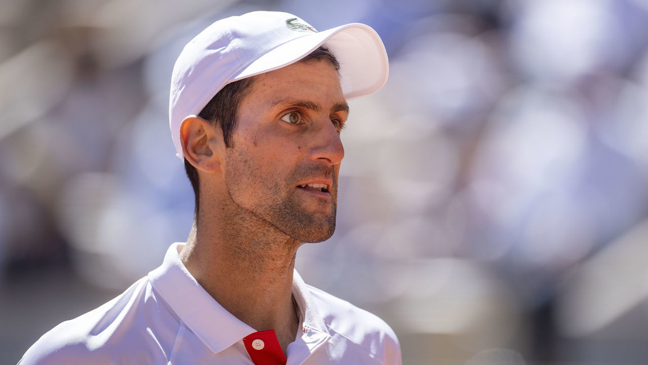 PARIS, FRANCE June 13. Novak Djokovic of Serbia during his match against Stefanos Tsitsipas of Greece on Court Philippe-Chatrier during the Men's Singles Final at the 2021 French Open Tennis Tournament at Roland Garros on June 13th 2021 in Paris, France.
