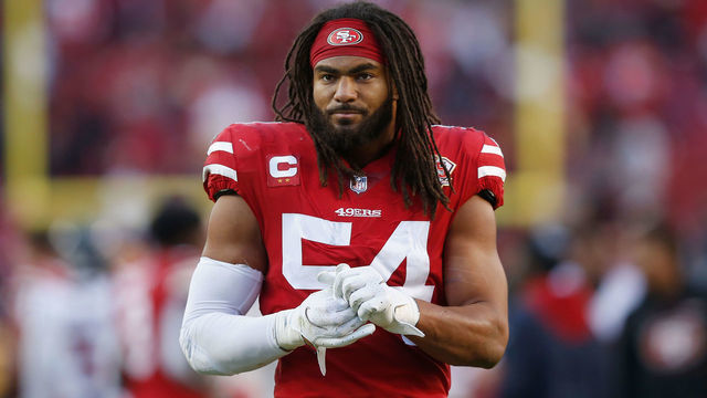 SANTA CLARA, CALIFORNIA - JANUARY 02: Fred Warner #54 of the San Francisco 49ers looks on after a win against the Houston Texans at Levi's Stadium on January 02, 2022 in Santa Clara, California.