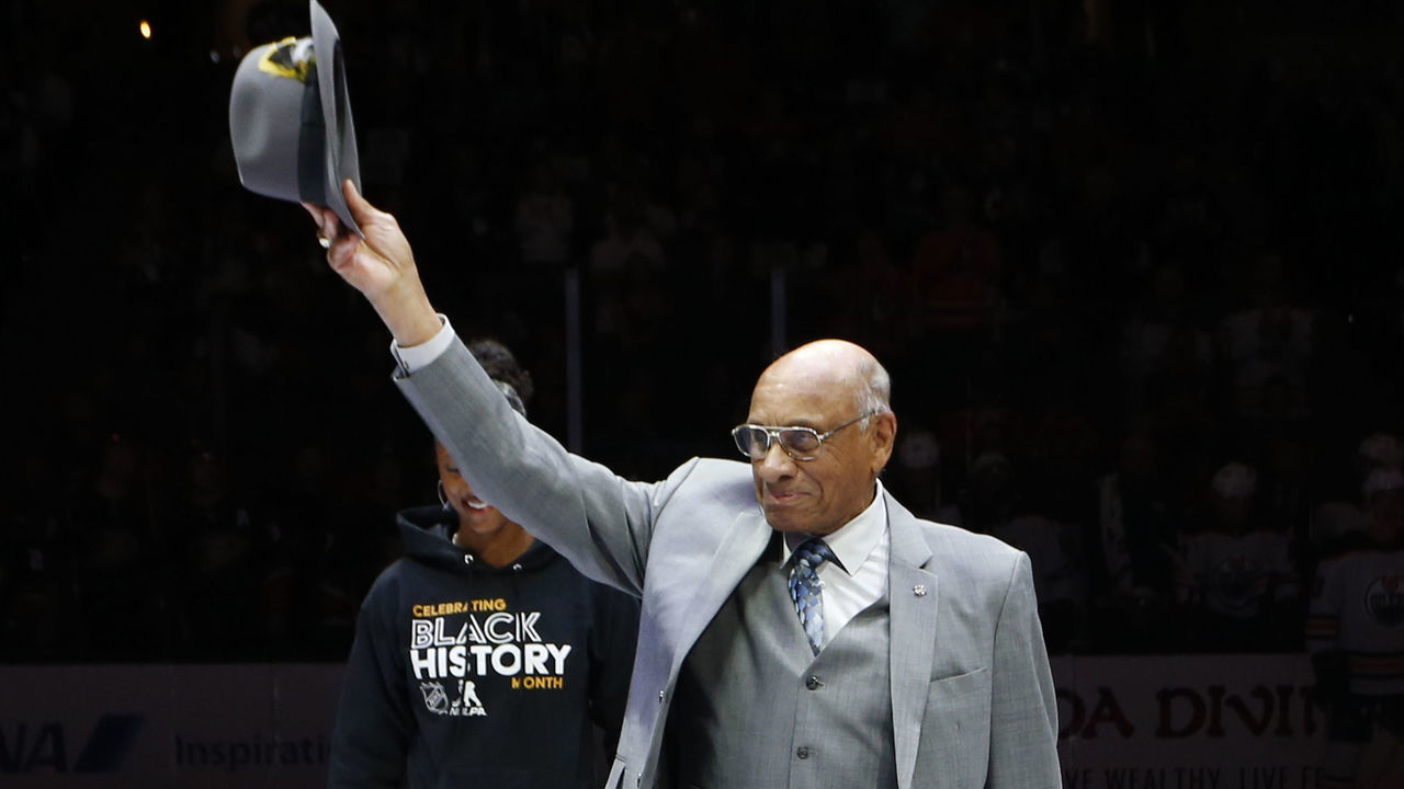 ANAHEIM, CA - FEBRUARY 25: Former NHL player, Willie O'Ree waves to the crowd during a pre-game ceremony prior to the opening face-off between the Anaheim Ducks and the Edmonton Oilers at Honda Center on February 25, 2020 in Anaheim, California.