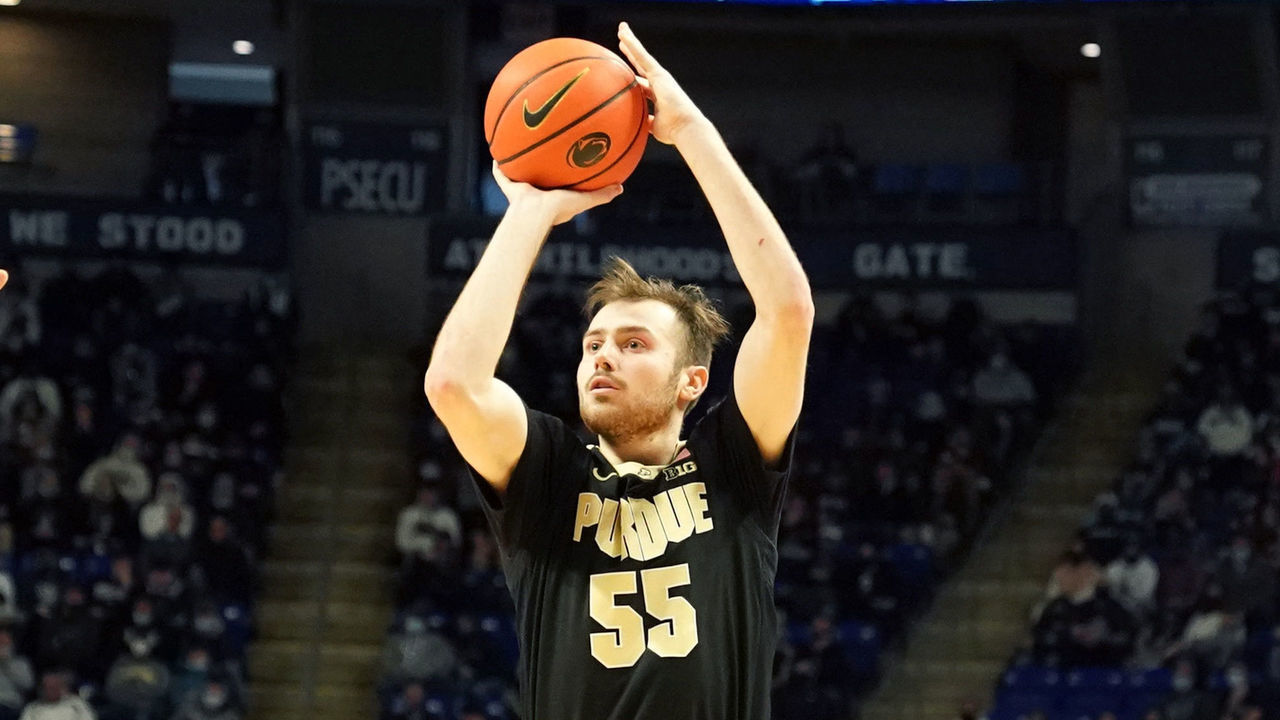 UNIVERSITY PARK, PENNSYLVANIA - JANUARY 08: Sasha Stefanovic #55 of the Purdue Boilermakers takes a jump shot during a college basketball game against the Penn State Nittany Lions on at Bryce Jordan Center on January 8, 2022 in University Park, Pennsylvania.