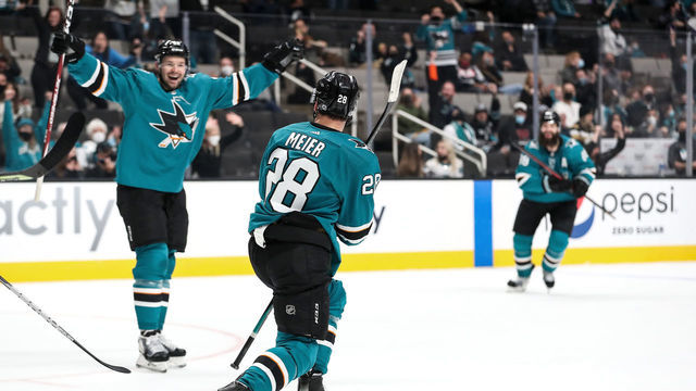 SAN JOSE, CA - JANUARY 17: Timo Meier #28 of the San Jose Sharks celebrates scoring a hat trick against the Los Angeles Kings at SAP Center on January 17, 2022 in San Jose, California.