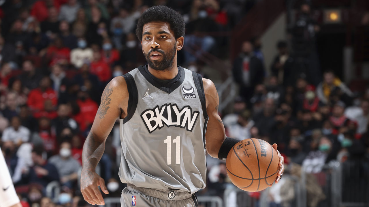 CHICAGO, IL - JANUARY 12: Kyrie Irving #11 of the Brooklyn Nets handles the ball during the game against the Chicago Bulls on January 12, 2022 at United Center in Chicago, Illinois. Mandatory Copyright Notice: Copyright 2022 NBAE