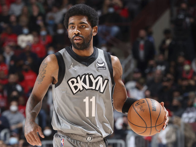 CHICAGO, IL - JANUARY 12: Kyrie Irving #11 of the Brooklyn Nets handles the ball during the game against the Chicago Bulls on January 12, 2022 at United Center in Chicago, Illinois. Mandatory Copyright Notice: Copyright 2022 NBAE