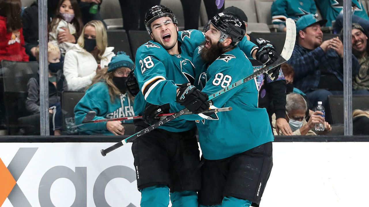 SAN JOSE, CA - JANUARY 17: Timo Meier #28 and Brent Burns #88 of the San Jose Sharks celebrate scoring a goal against the Los Angeles Kings at SAP Center on January 17, 2022 in San Jose, California.