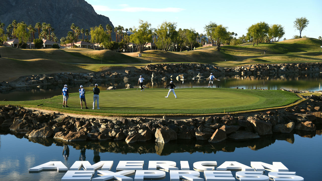 LA QUINTA, CALIFORNIA - JANUARY 24: Si Woo Kim of South Korea celebrates a birdie putt on the 17th hole, to take a 1 shot lead, during the final round of The American Express tournament on the Stadium course at PGA West on January 24, 2021 in La Quinta, California.