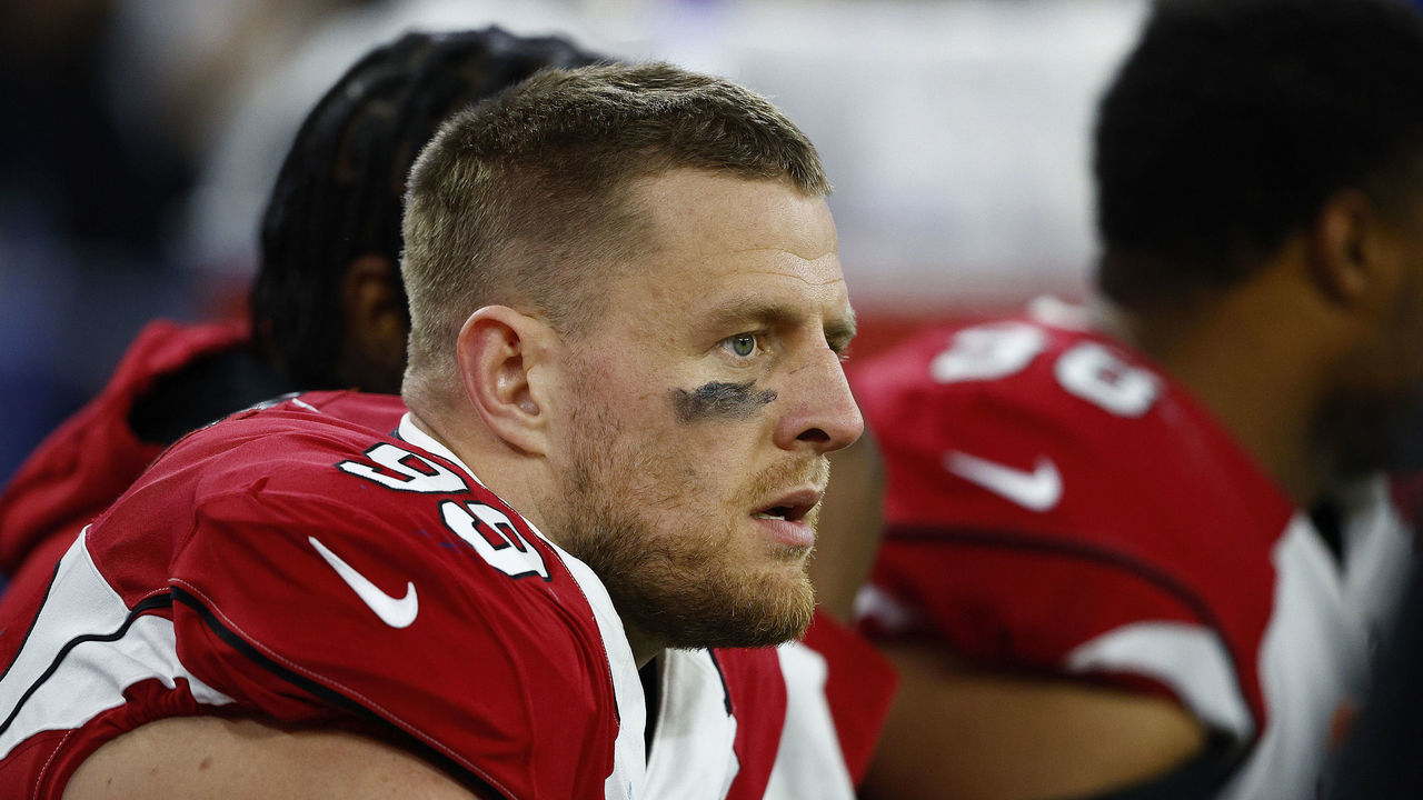 INGLEWOOD, CALIFORNIA - JANUARY 17: J.J. Watt #99 of the Arizona Cardinals looks on from the sidelines against the Los Angeles Rams during the third quarter in the NFC Wild Card Playoff game at SoFi Stadium on January 17, 2022 in Inglewood, California.