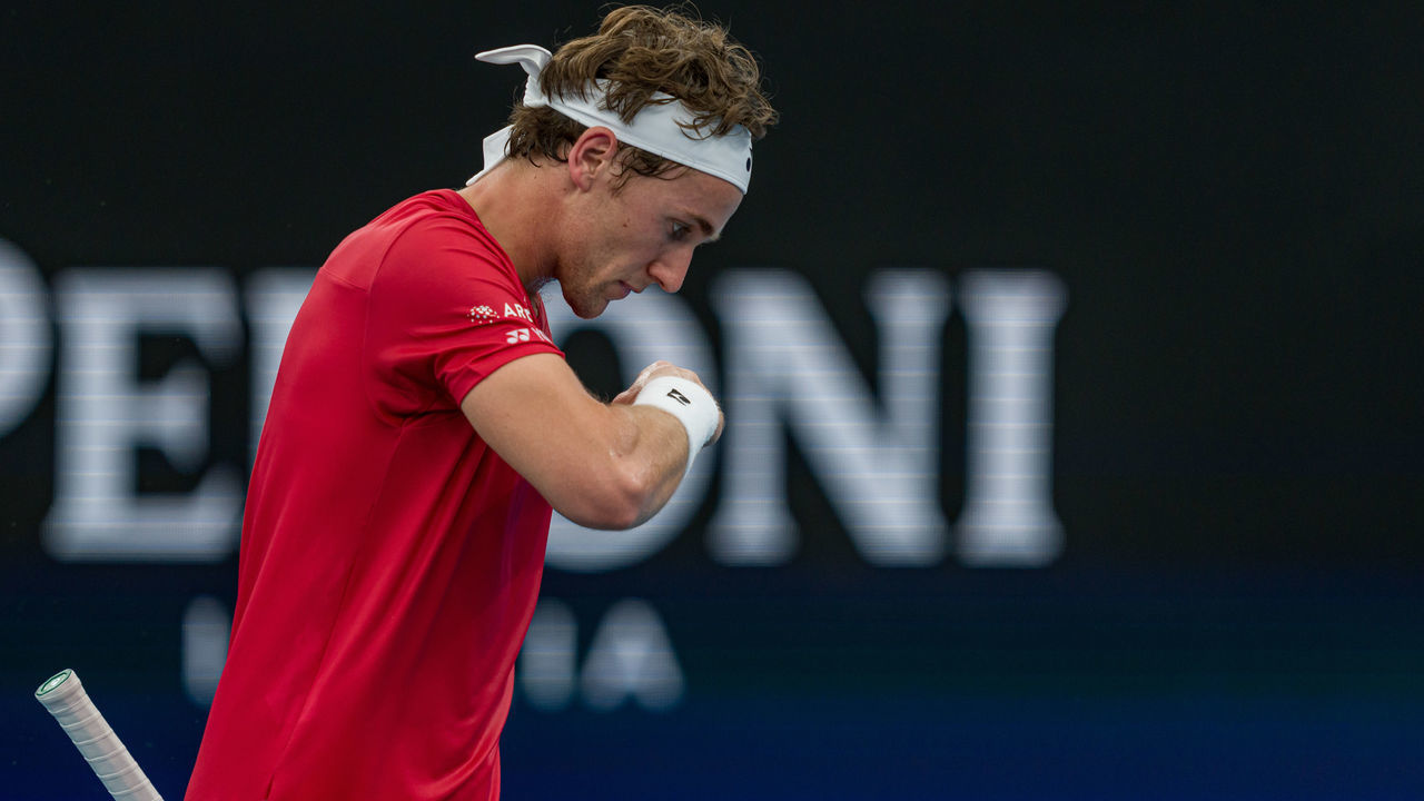 SYDNEY, AUSTRALIA - JANUARY 05: Casper Ruud of Norway reacts in his match against Cristian Garin of Chile during the day five 2022 ATP Cup tie between Norway and Chile at Ken Rosewall Arena on January 05, 2022 in Sydney, Australia.