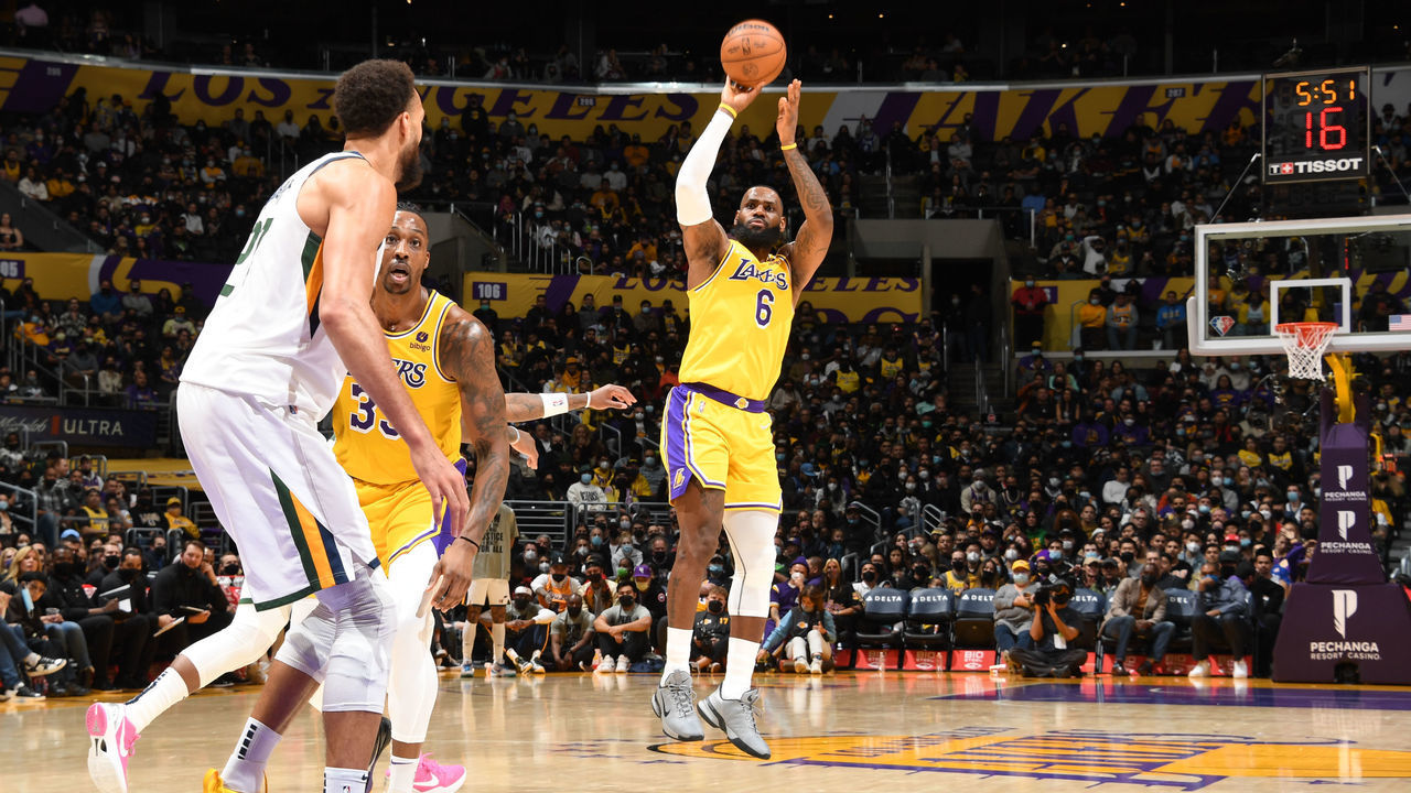 LOS ANGELES, CA - JANUARY 17: LeBron James #6 of the Los Angeles Lakers shoots the ball during the game against the Utah Jazz on January 17, 2022 at Crypto.Com Arena in Los Angeles, California. NOTE TO USER: User expressly acknowledges and agrees that, by downloading and/or using this Photograph, user is consenting to the terms and conditions of the Getty Images License Agreement. Mandatory Copyright Notice: Copyright 2022 NBAE