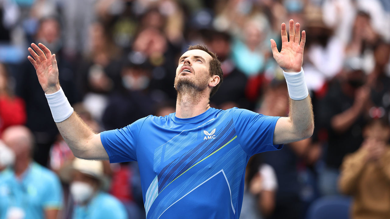 MELBOURNE, AUSTRALIA - JANUARY 18: Andy Murray of Great Britain reacts after winning his first round singles match against Nikoloz Basilashvili of Georgia during day two of the 2022 Australian Open at Melbourne Park on January 18, 2022 in Melbourne, Australia.