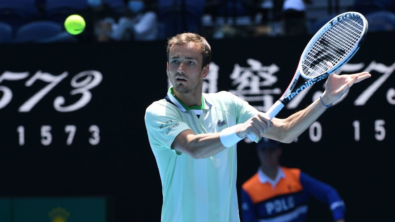 MELBOURNE, AUSTRALIA - JANUARY 18: Daniil Medvedev of Russia in action against Henri Laaksonen (not seen) of Switzerland in their men's singles match during the 2022 Australian Open in Melbourne, Australia on January 18, 2022.