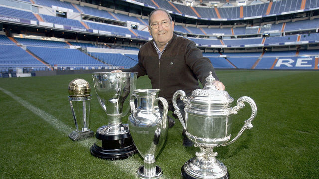 MADRID, SPAIN - DECEMBER 05: Real Madrid's legendary player Paco Gento poses with trophies during his interview with Real Madrid TV at Santiago Bernabeu's stadium on December 5, 2007 in Madrid, Spain
