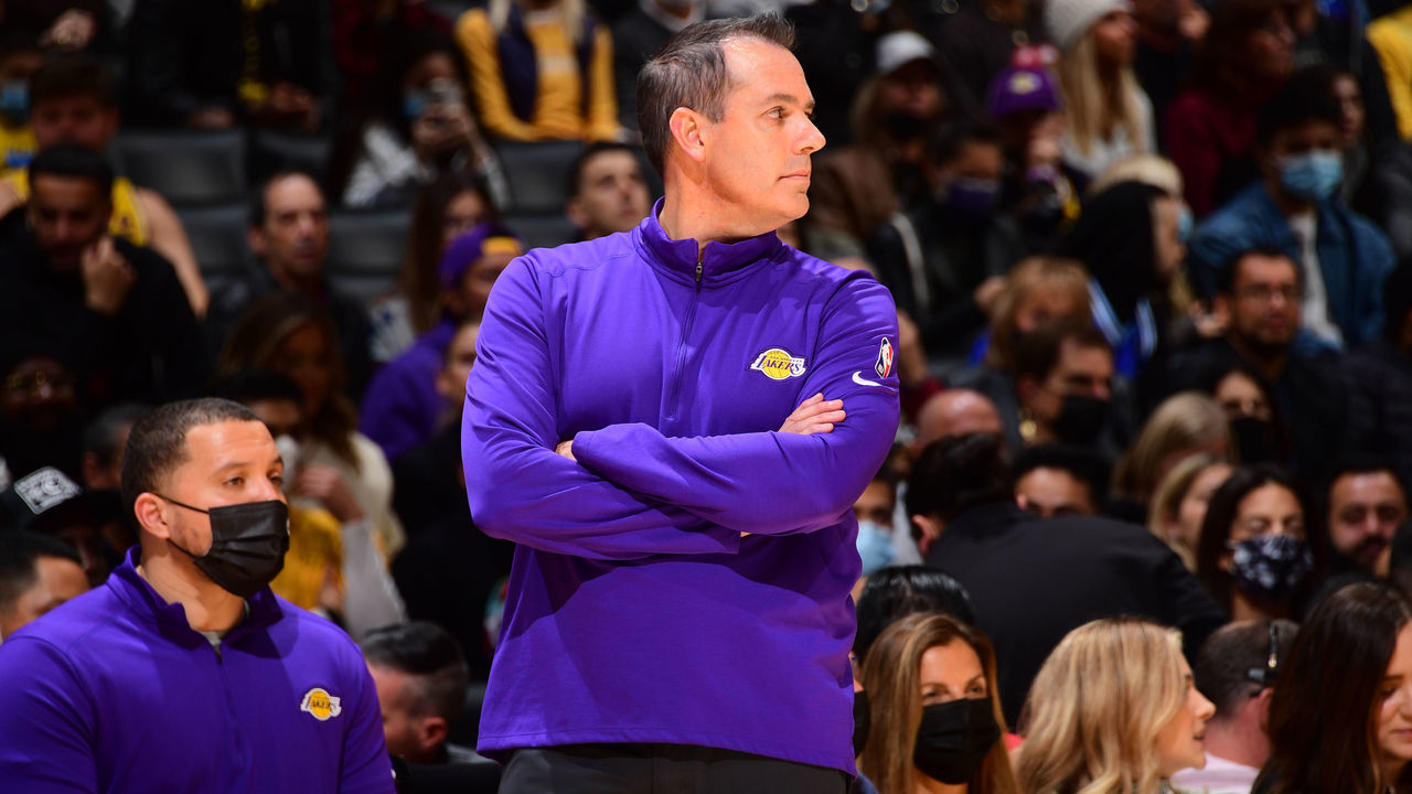 LOS ANGELES, CA - DECEMBER 12: Head Coach Frank Vogel of the Los Angeles Lakers looks on during the game against the Orlando Magic on December 12, 2021 at STAPLES Center in Los Angeles, California. NOTE TO USER: User expressly acknowledges and agrees that, by downloading and/or using this Photograph, user is consenting to the terms and conditions of the Getty Images License Agreement. Mandatory Copyright Notice: Copyright 2021 NBAE