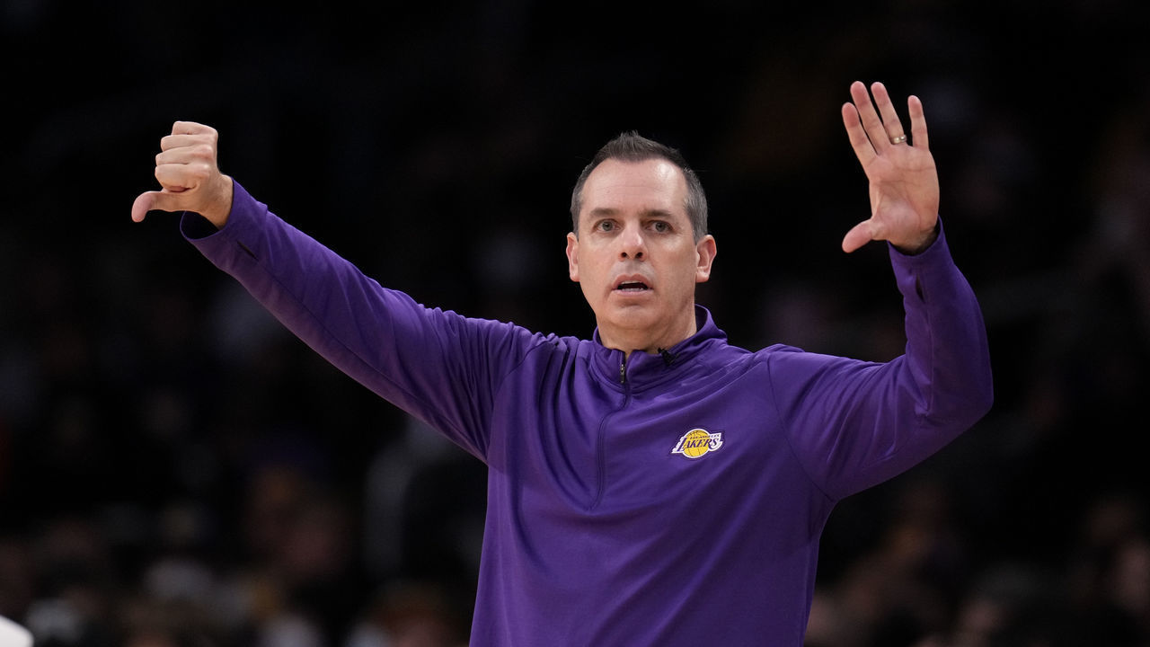 Los Angeles, CA - December 07: Frank Vogel of the Los Angeles Lakers reacts against the Boston Celtics in the second half of a NBA basketball game at the Staples Center in Los Angeles on Tuesday, December 7, 2021.