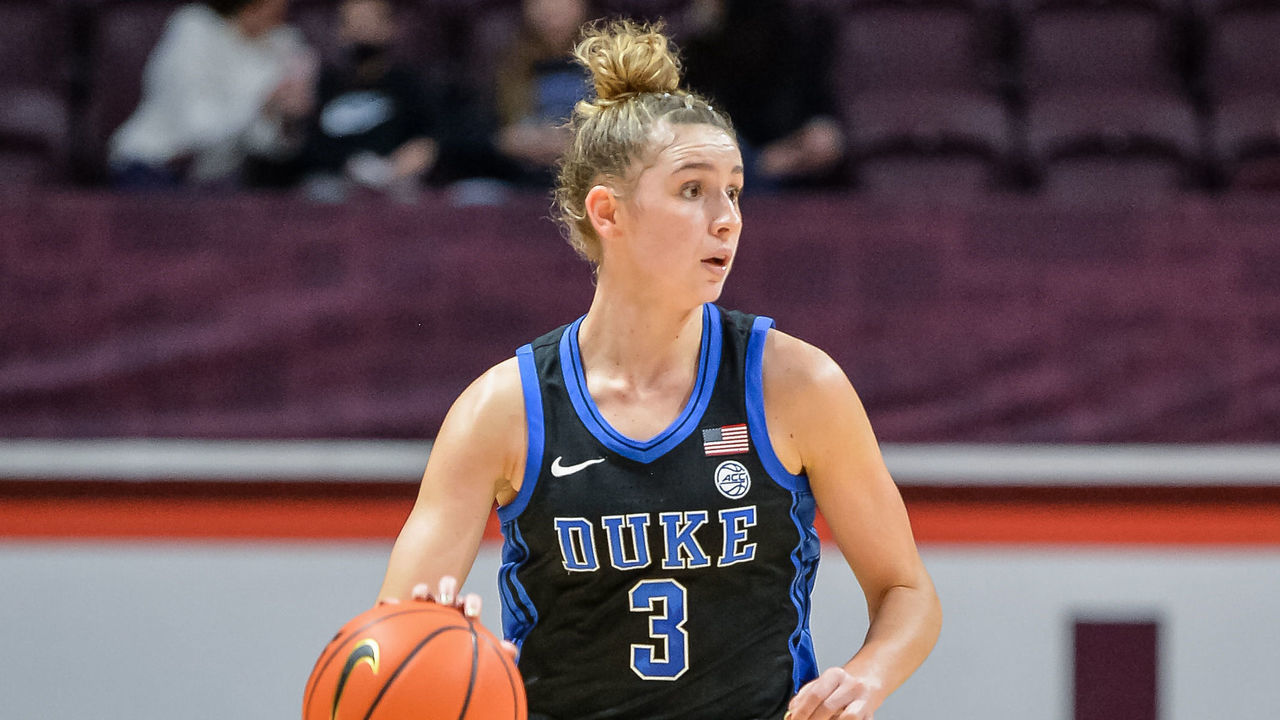BLACKSBURG, VA - DECEMBER 30: Duke Blue Devils guard Miela Goodchild (3) brings the ball down the court during a college basketball game between the Duke Blue Devils and the Virginia Tech Hokies on December 30, 2021 at Cassell Coliseum in Blacksburg, VA.