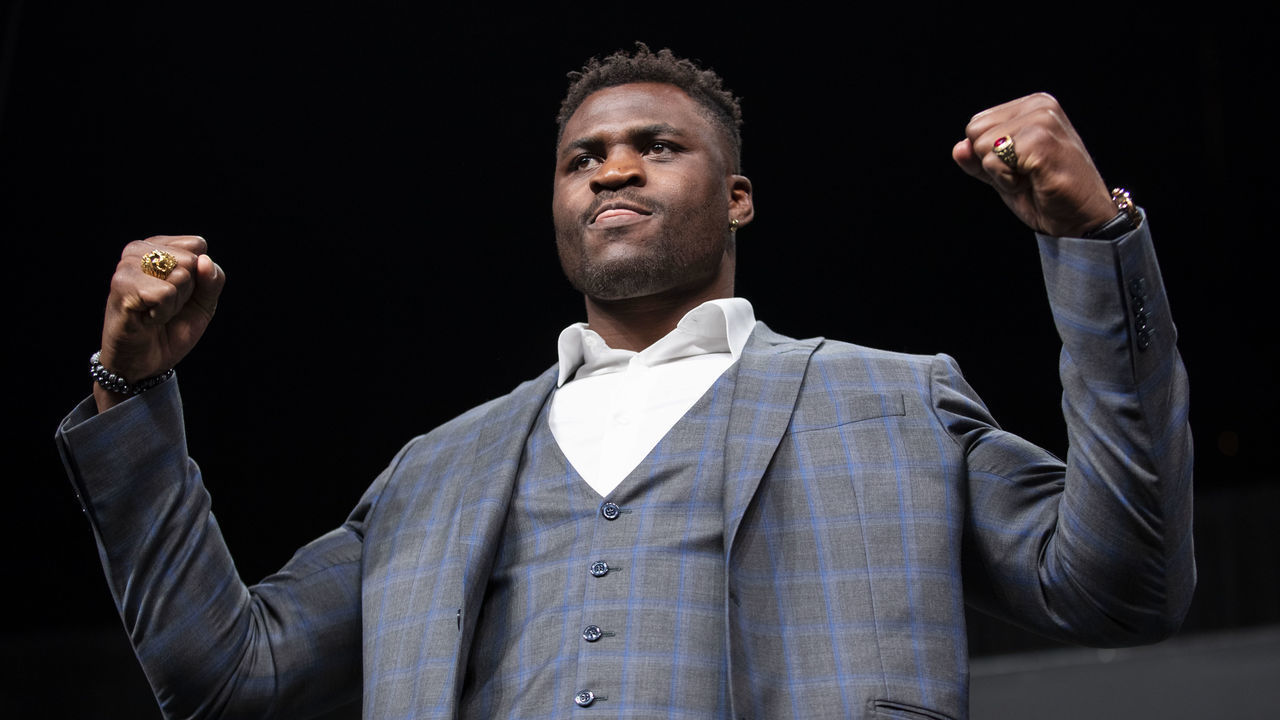 ATLANTA, GA - APRIL 12: Francis Ngannou of Cameroon poses during the UFC Seasonal Press Conference at State Farm Arena on April 12, 2019 in Atlanta, Georgia.