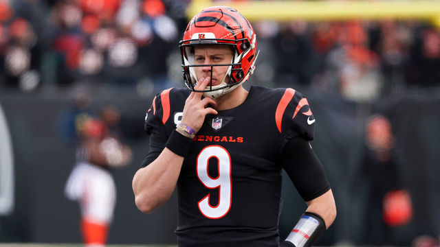 CINCINNATI, OHIO - JANUARY 15: Joe Burrow #9 of the Cincinnati Bengals warms up before the AFC Wild Card playoff game against the Las Vegas Raiders at Paul Brown Stadium on January 15, 2022 in Cincinnati, Ohio.