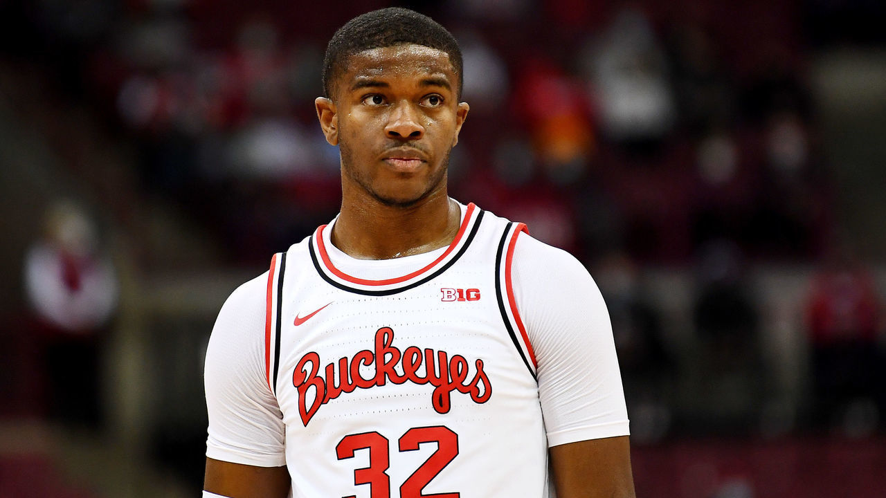 COLUMBUS, OHIO - JANUARY 16: E.J. Liddell #32 of the Ohio State Buckeyes looks on during the first half against the Penn State Nittany Lions at Value City Arena on January 16, 2022 in Columbus, Ohio.