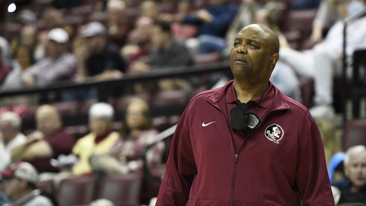 TALLAHASSEE, FL - NOVEMBER 24: Leonard Hamilton mens basketball head coach Florida State University (FSU) Seminoles watches play from the sideline during a non-conference game with the Boston University Terriers, Wednesday, November 24, 2021, at Donald L Tucker Civic Center in Tallahassee, Florida.