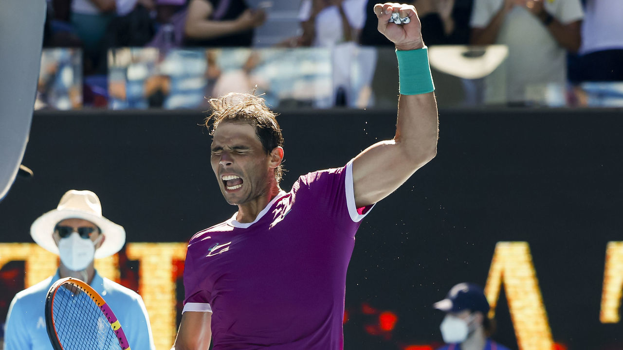19 January 2022, Australia, Melbourne: Tennis: Grand Slam - Australian Open, men's singles, 2nd round: Hanfmann (Germany) - Nadal (Spain). Rafael Nadal cheers after the victory. Photo: Frank Molter/dpa