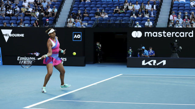 MELBOURNE, AUSTRALIA - JANUARY 19: Naomi Osaka of Japan plays a forehand in her second round singles match against Madison Brengle of United States during day three of the 2022 Australian Open at Melbourne Park on January 19, 2022 in Melbourne, Australia.