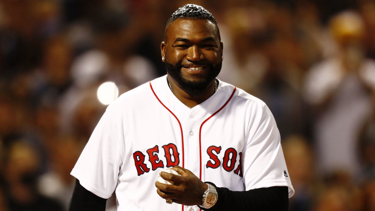 BOSTON, MASSACHUSETTS - SEPTEMBER 26: Former Boston Red Sox great David Ortiz reacts before the game between the Red Sox and the New York Yankees at Fenway Park on September 26, 2021 in Boston, Massachusetts.