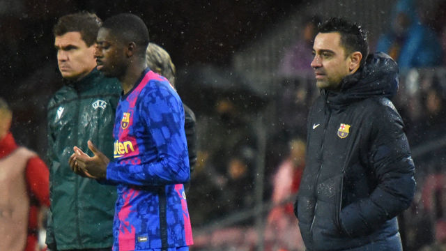 Ousmane Dembele and Xavi Hernandez during the match between Barcelona and SL Benfica, corresponding to the week 5 of the group stage of the UEFA Champions League, played at the Camp Nou Stadium, in Barcelona, on 23th November 2021.