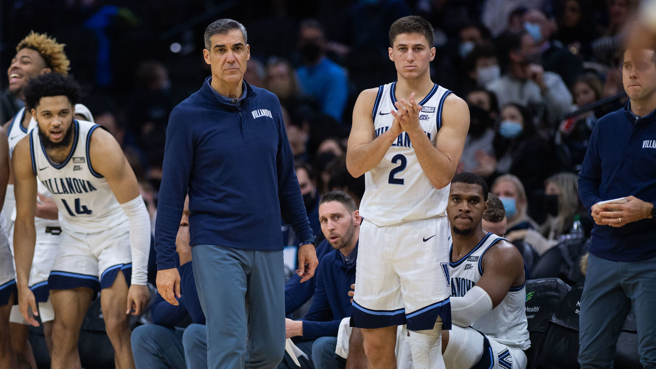 PHILADELPHIA, PA - JANUARY 16: Villanova Wildcats guard Collin Gillespie (2) and Villanova Wildcats head coach Jay Wright on the sidelines during the mens college basketball game between the Butler Bulldogs and Villanova Wildcats on January 16, 2022, at Wells Fargo Center in Philadelphia, PA.