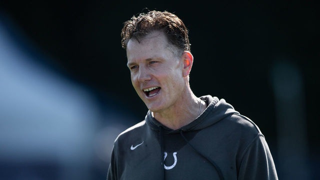 WESTFIELD, IN - AUGUST 02: Indianapolis Colts defensive coordinator Matt Eberflus watches a drill during the Indianapolis Colts training camp practice on August 2, 2021 at Grand Park Sports Complex in Westfield, IN.