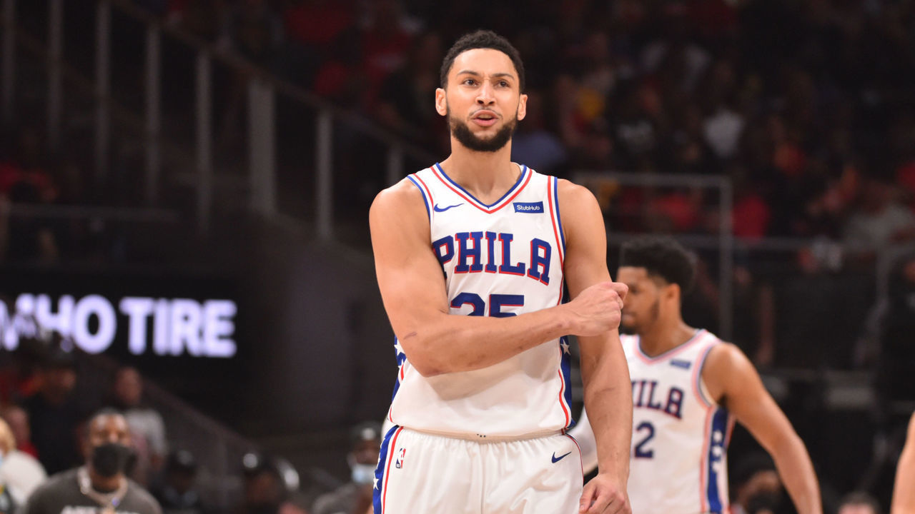 ATLANTA, GA - JUNE 18: Ben Simmons #25 of the Philadelphia 76ers reacts during a game against the Atlanta Hawks during Round 2, Game 6 of the Eastern Conference Playoffs on June 18, 2021 at State Farm Arena in Atlanta, Georgia. NOTE TO USER: User expressly acknowledges and agrees that, by downloading and/or using this Photograph, user is consenting to the terms and conditions of the Getty Images License Agreement. Mandatory Copyright Notice: Copyright 2021 NBAE