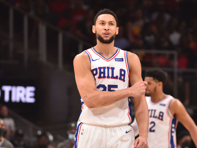 ATLANTA, GA - JUNE 18: Ben Simmons #25 of the Philadelphia 76ers reacts during a game against the Atlanta Hawks during Round 2, Game 6 of the Eastern Conference Playoffs on June 18, 2021 at State Farm Arena in Atlanta, Georgia. NOTE TO USER: User expressly acknowledges and agrees that, by downloading and/or using this Photograph, user is consenting to the terms and conditions of the Getty Images License Agreement. Mandatory Copyright Notice: Copyright 2021 NBAE
