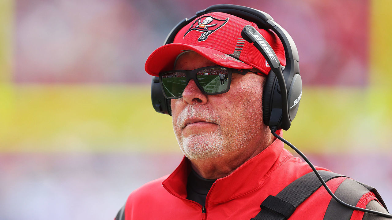 TAMPA, FLORIDA - JANUARY 16: Head Coach Bruce Arians of the Tampa Bay Buccaneers looks on during the game against the Philadelphia Eagles in the NFC Wild Card Playoff game at Raymond James Stadium on January 16, 2022 in Tampa, Florida.