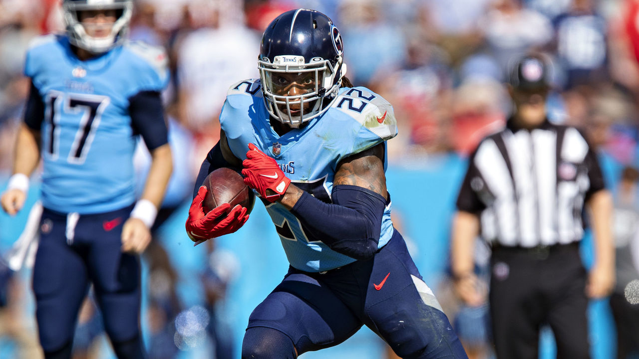 NASHVILLE, TENNESSEE - OCTOBER 24: Derrick Henry #22 of the Tennessee Titans runs the ball during a game against the Kansas City Chiefs at Nissan Stadium on October 24, 2021 in Nashville, Tennessee. The Titans defeated the Chiefs 27-3.
