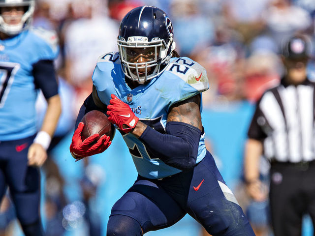 NASHVILLE, TENNESSEE - OCTOBER 24: Derrick Henry #22 of the Tennessee Titans runs the ball during a game against the Kansas City Chiefs at Nissan Stadium on October 24, 2021 in Nashville, Tennessee. The Titans defeated the Chiefs 27-3.