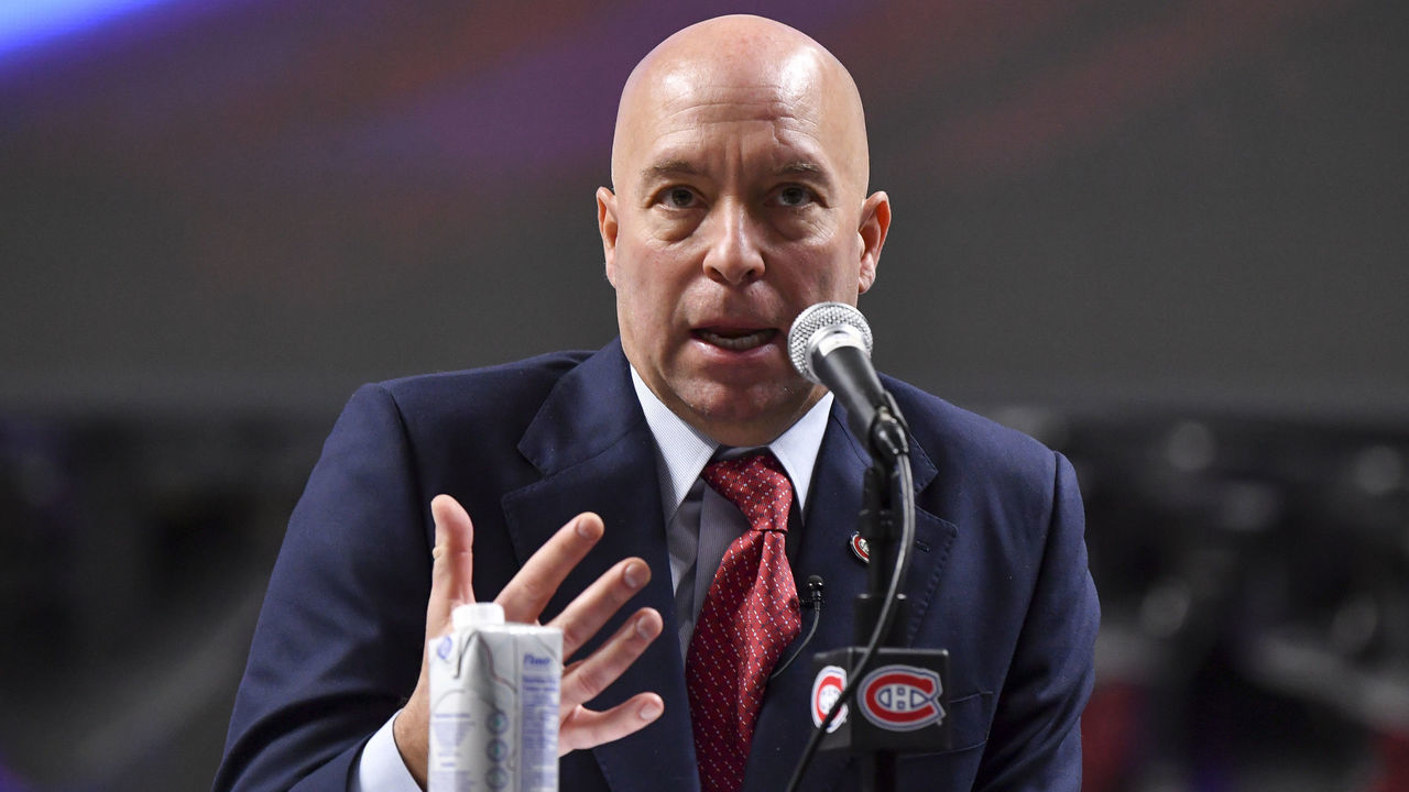 MONTREAL, QC - JANUARY 19: Newly appointed general manager of the Montreal Canadiens Kent Hughes, addresses the media at Centre Bell on January 19, 2022 in Montreal, Canada. Kent Hughes becomes the 18th general manager in franchise history.
