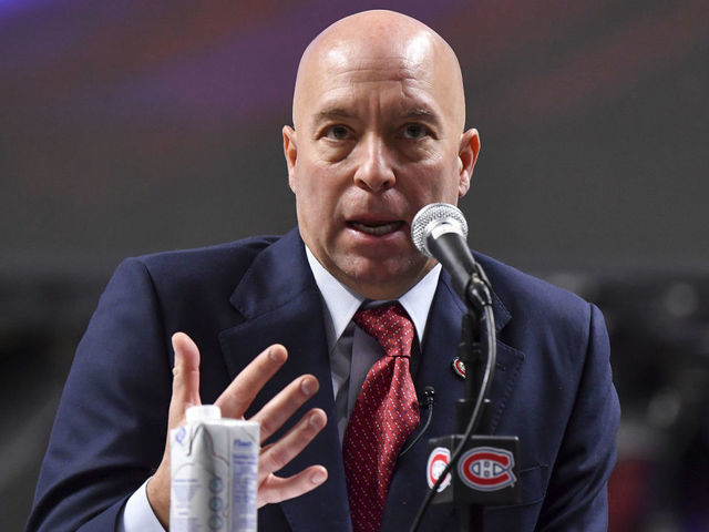 MONTREAL, QC - JANUARY 19: Newly appointed general manager of the Montreal Canadiens Kent Hughes, addresses the media at Centre Bell on January 19, 2022 in Montreal, Canada. Kent Hughes becomes the 18th general manager in franchise history.