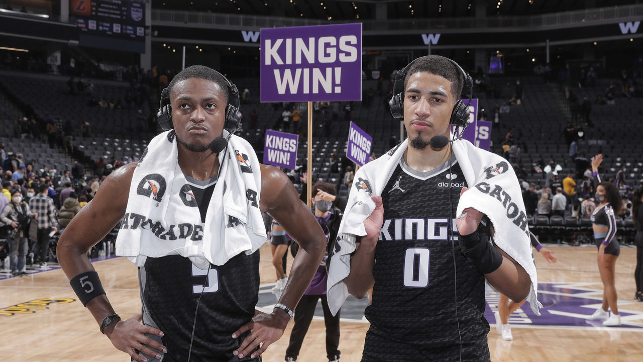 SACRAMENTO, CA - JANUARY 12: De'Aaron Fox #5 and Tyrese Haliburton #0 of the Sacramento Kings speak to media after defeating the Los Angeles Lakers on January 12, 2022 at Golden 1 Center in Sacramento, California. NOTE TO USER: User expressly acknowledges and agrees that, by downloading and or using this photograph, User is consenting to the terms and conditions of the Getty Images Agreement. Mandatory Copyright Notice: Copyright 2022 NBAE