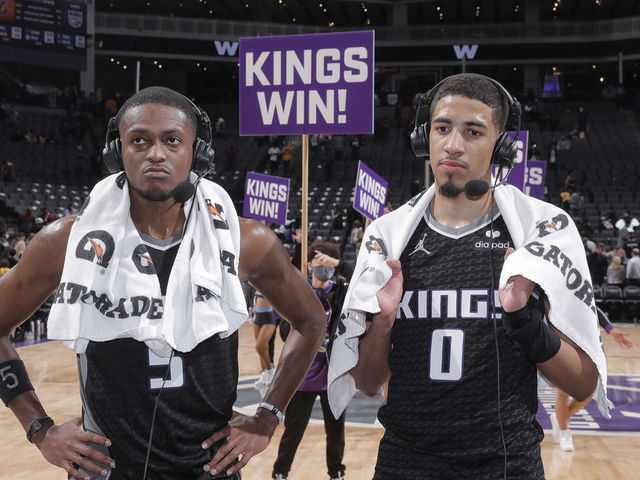 SACRAMENTO, CA - JANUARY 12: De'Aaron Fox #5 and Tyrese Haliburton #0 of the Sacramento Kings speak to media after defeating the Los Angeles Lakers on January 12, 2022 at Golden 1 Center in Sacramento, California. NOTE TO USER: User expressly acknowledges and agrees that, by downloading and or using this photograph, User is consenting to the terms and conditions of the Getty Images Agreement. Mandatory Copyright Notice: Copyright 2022 NBAE