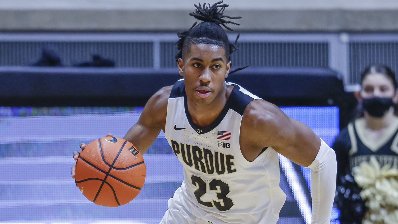 WEST LAFAYETTE, IN - JANUARY 14: Jaden Ivey #23 of the Purdue Boilermakers brings the ball up court during the game against the Nebraska Cornhuskers at Mackey Arena on January 14, 2022 in West Lafayette, Indiana.
