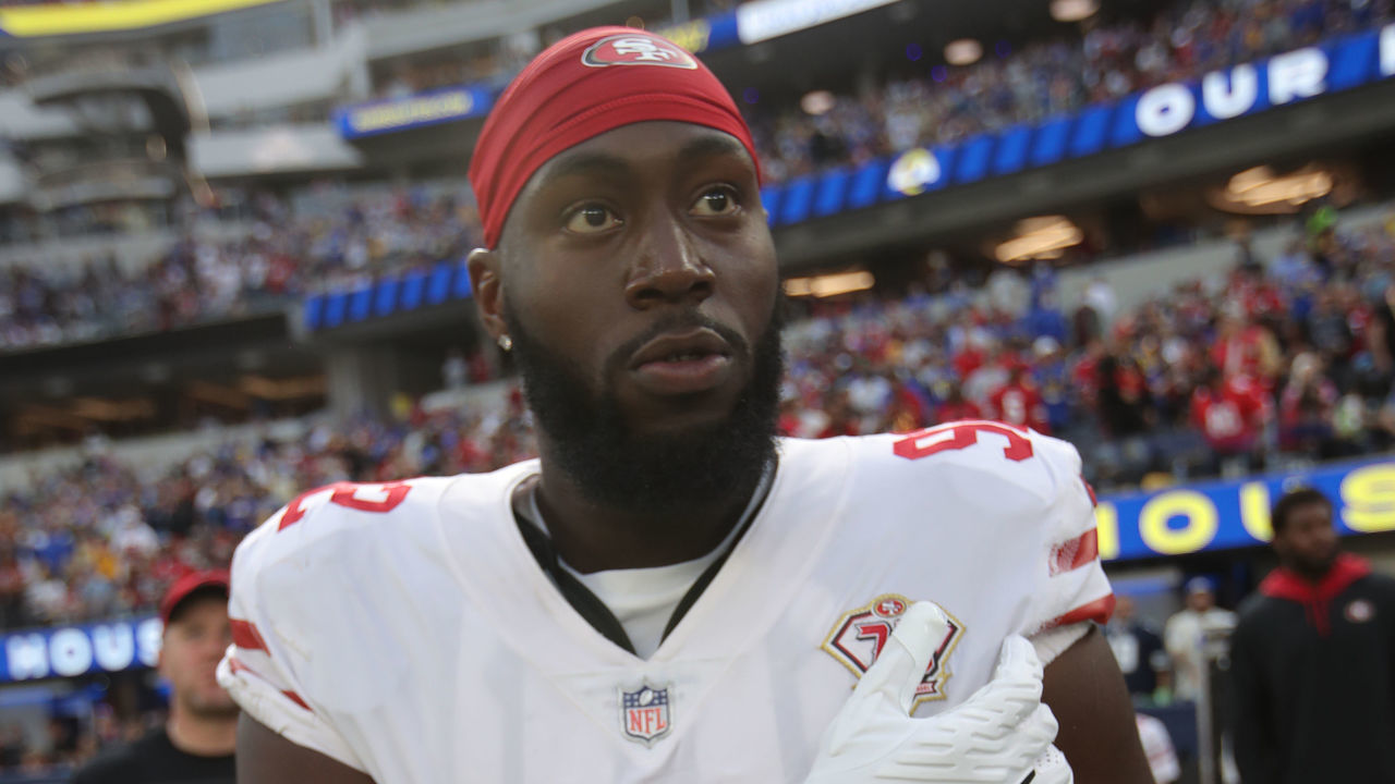 INGLEWOOD, CA - JANUARY 9: Charles Omenihu #92 of the San Francisco 49ers on the sidelines before the game against the Los Angeles Rams at SoFi Stadium on January 9, 2022 in Inglewood, California. The 49ers defeated the Rams 27-24.