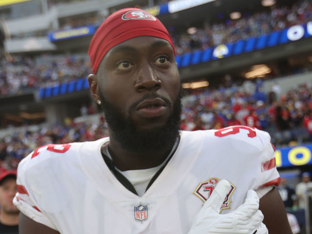 INGLEWOOD, CA - JANUARY 9: Charles Omenihu #92 of the San Francisco 49ers on the sidelines before the game against the Los Angeles Rams at SoFi Stadium on January 9, 2022 in Inglewood, California. The 49ers defeated the Rams 27-24.