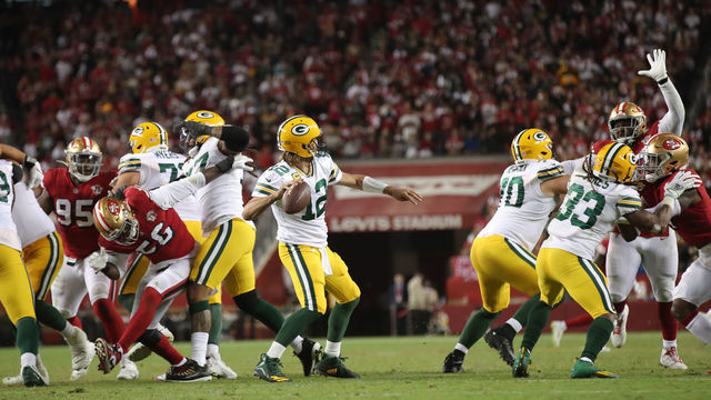 SANTA CLARA, CA - SEPTEMBER 26: Aaron Rodgers #12 of the Green Bay Packers passes during the game against the San Francisco 49ers at Levi's Stadium on September 26, 2021 in Santa Clara, California. The Packers defeated the 49ers 30-28.